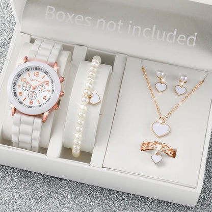 5/6PCS Fashion Women Watches Casual Silicone Band Ladies Quartz Watch Jewelry Set Relogios Feminino Girls Clock Gift（Without Box
