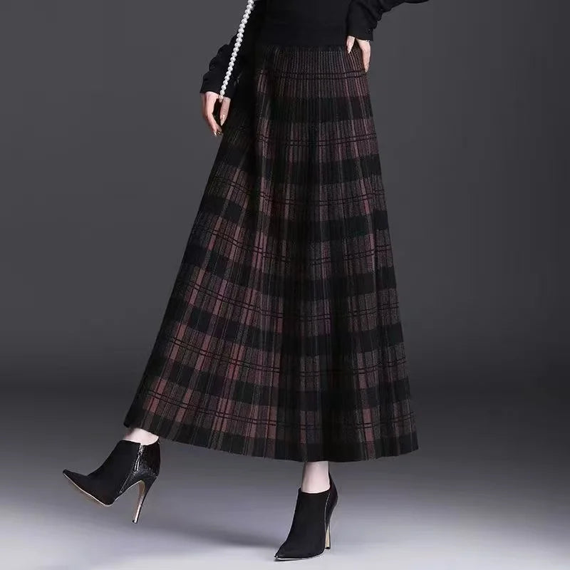 Women Checkered Knitted Skirt Autumn Winter Elastic High Waist A-line Long Skirt Female Thicken Plaid Knitted Sweater Skirts