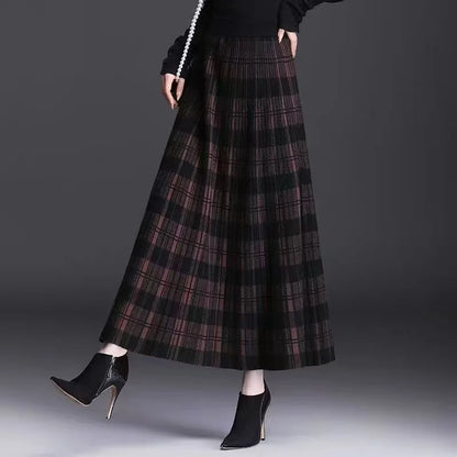 Women Checkered Knitted Skirt Autumn Winter Elastic High Waist A-line Long Skirt Female Thicken Plaid Knitted Sweater Skirts