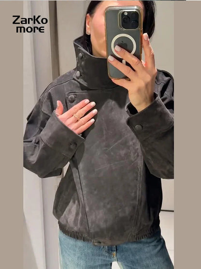 Fashion Dark Gray Suede Bomber Jacket Women Stand Collar Full Sleeve Oversize Asymmetric Street Coats 2026 Autumn Lady Jackets