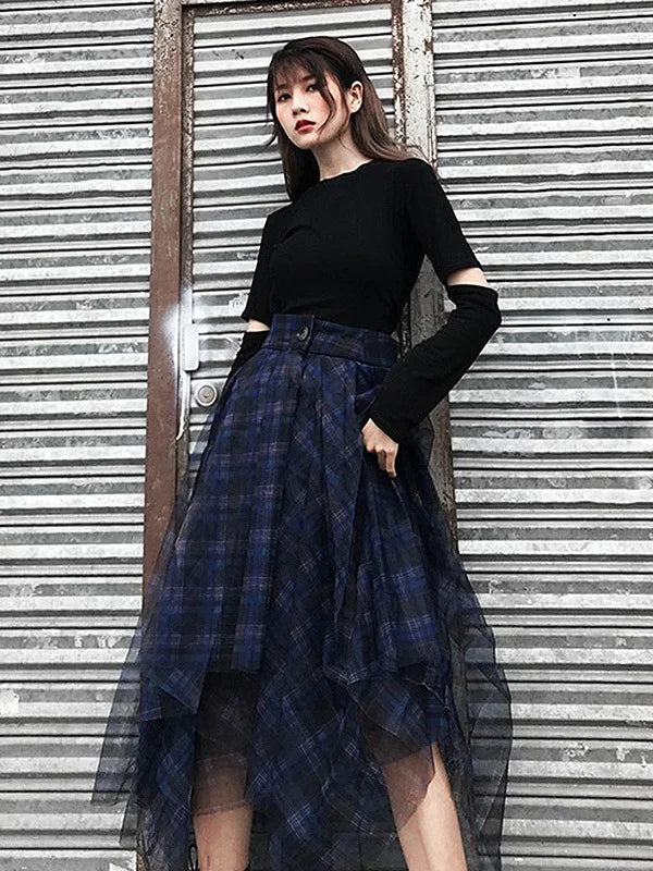 TWOTWINSTYLE Plaid Patchwork Mesh Women's Skirts High Waist Hit Color Elegant A Line Skirts Female 2020 Spring Fashion New