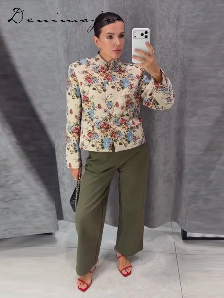 Fashion Flowers Print Coat Women's Stand Collar Single-breasted Full Sleeve Loose Jacket 2026 Autumn New Lady Vintage Streetwear