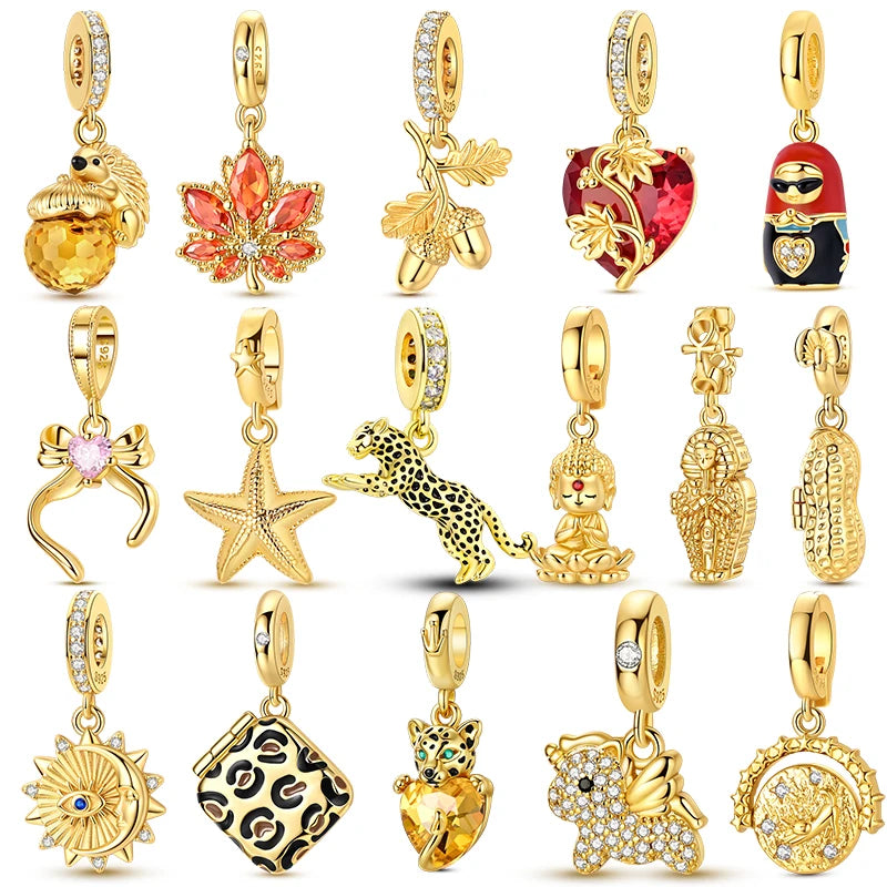 Hot Sales 925 Sterling Silver Golden Series Charms Leopard Little Bear Starfish Bow Bead Fit Original Bracelet DIY Women Jewelry