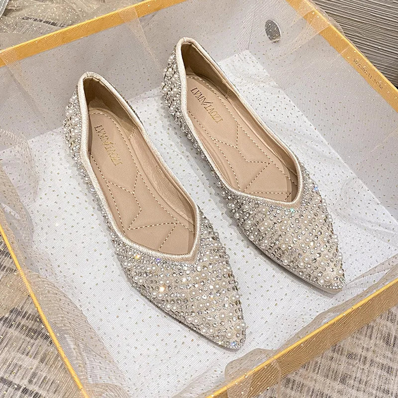 2025 Fashion Woman Ballet Flats Shoes Rhinestone Loafers Flat Pointed Toe Shoes Female Casual Slip on Flats Footwear Boat Shoes