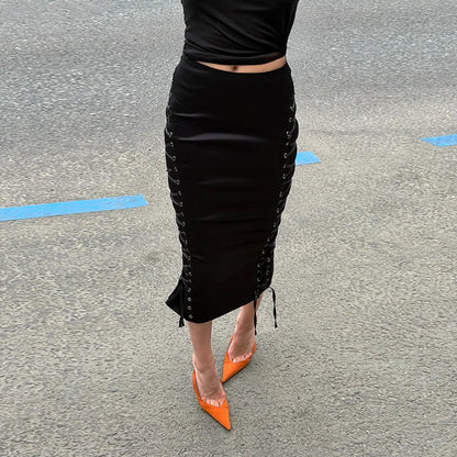 Women's Midi Skirt High Waist Side Lace‑Up Midi Skirt Bodycon Tie Adjust Hip Fitted Skirt City Date Going Out 2026 New For Women