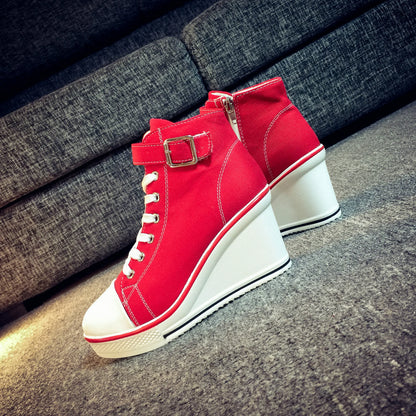 High Top Canvas Women Wedge Shoes Women's Denim Ankle Lace Up Ladies Ankle Canvas Shoes Woman 8cm Heels Sneakers