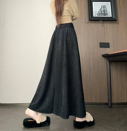 Qiukichonson Mid Long Skirts Womens Suede Skirt 2026 Autumn Winter Korea Vintage High Waist Ruffle Pleated Skirts Maxi With Belt