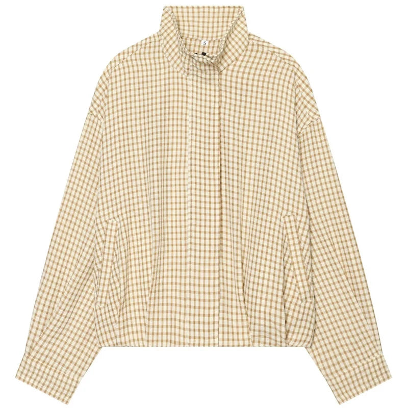 HXAO Plaid Bomber Jacket Women's Jacket Spring Autumn 2026 Crop Oversized Long Sleeve Top Casual Zipper Outerwear Outdoor Coats