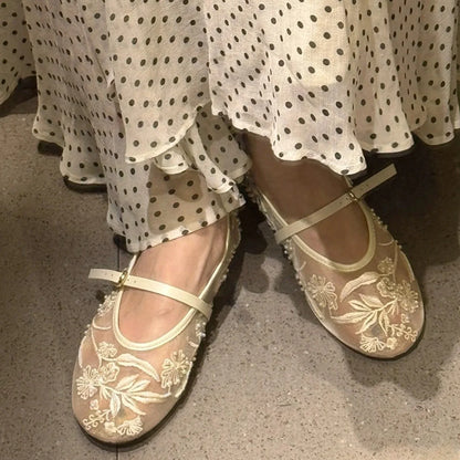Embroidery Flowers Pearl Mesh Round Tor Ballet Flats Woman Loafers Buckle Strap Ladies Mary Jane Mules Shoes Zapatos De Mujer