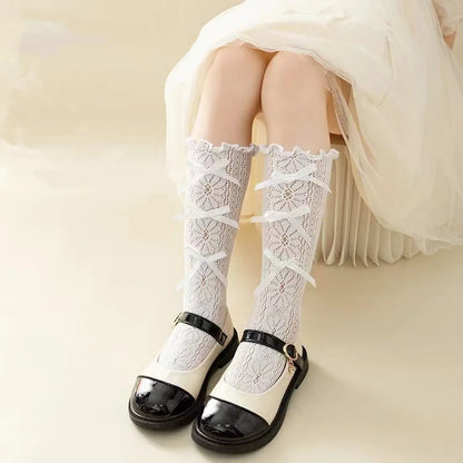 Girls Long Tube Lace Stockings Sweet Bow Jacquard Pattern Mesh Sock Baby Girl Ballet Fishing Net Frilly Socks Lolita Leggings