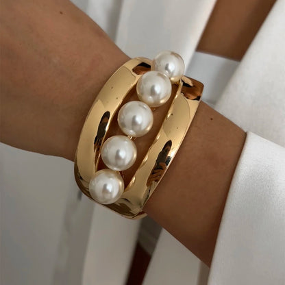 SHIXIN Design Geometric Water Drop Gold Color Wide Spring Bangles for Women Elegant Imitation Pearl Cuff Bracelets New Jewelry