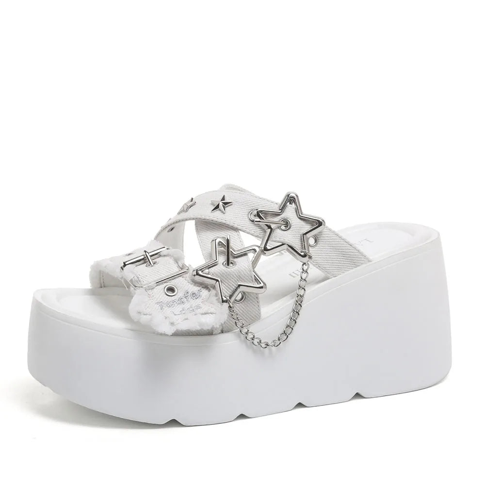 2026 Summer Women's Gothic Chunky Platform Wedges Sandals Chain Street Cool Slide Sandals Women Shoes Walking Comfy