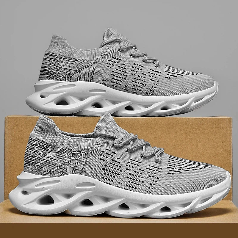 Fashion Gray Running Shoes Unisex Knit Breathable Platform Men's Casual Sneakers Outdoor Non Slip Lace Up Women's Sports Shoes