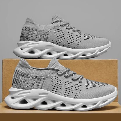 Fashion Gray Running Shoes Unisex Knit Breathable Platform Men's Casual Sneakers Outdoor Non Slip Lace Up Women's Sports Shoes