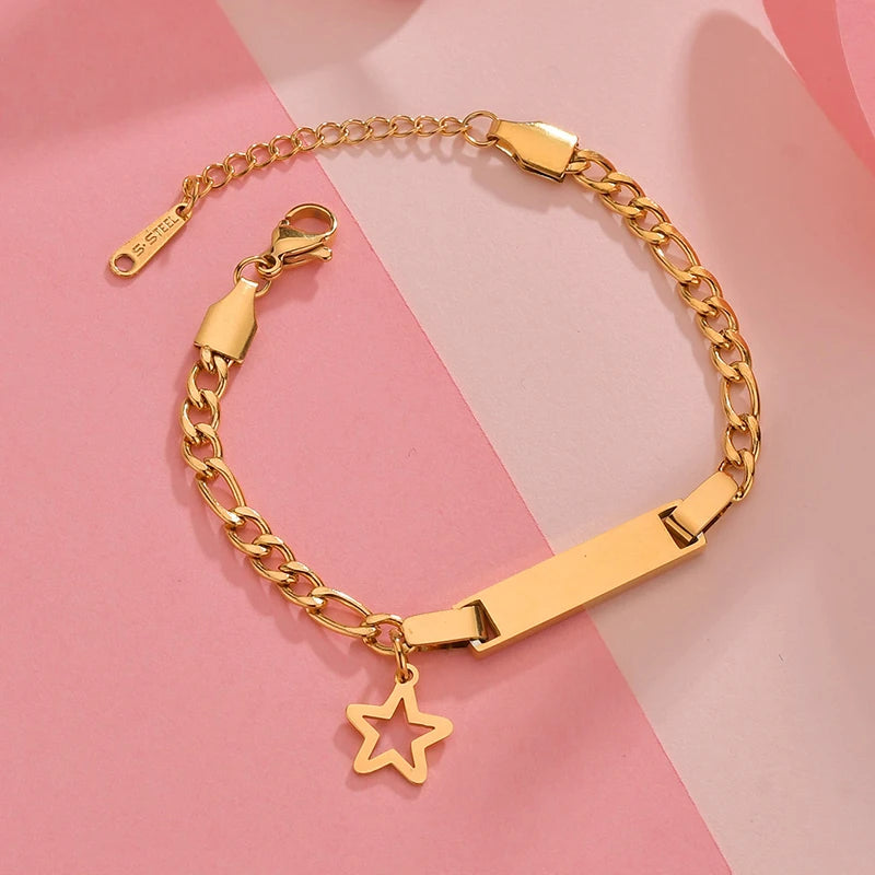 Bluelory Custom Newborn Name ID Bar Bracelet For Kids Stainless Steel Engrave Date Symbol Baby Bracelet With Heart Birthday Gift