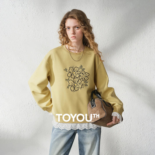 TOYOUTH Women's Floral Embroidered Lace Splicing Fake Two Piece Sweatshirt 2026 Autumn New Round Neck Loose Fit