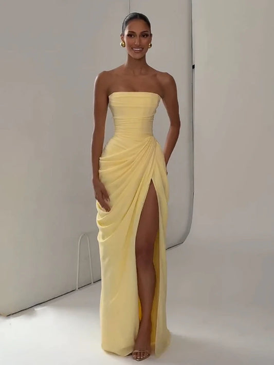 Women Yellow Low Cut Backless High Waisted Dress Lace Up Sleeveless Waist Cincher Spaghetti Strap Vestidos Party Club Women Robe