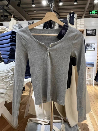 Retro White Ribbed Button T-shirts Women Spring Cotton Round Neck Long Sleeve Tees Female Y2k Streetwear Casual T Shirt Tops