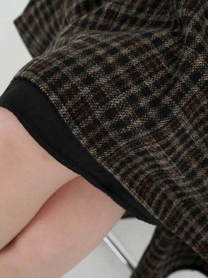 American Style Thickened Wool Vintage Plaid Midi Skirt Woman Elastic Waist Winter Casual A-Line Long Skirts Lady