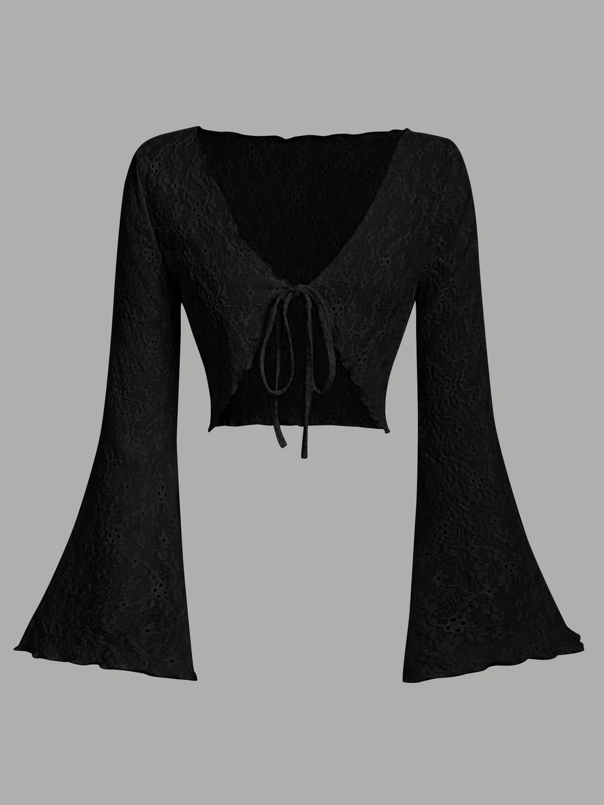 Women Eyelet Lace Flare Sleeve Crop Cardigan Front Tie V Neck Scalloped Edge Solid Black Summer Cover Up Shrug Top