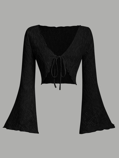 Women Eyelet Lace Flare Sleeve Crop Cardigan Front Tie V Neck Scalloped Edge Solid Black Summer Cover Up Shrug Top