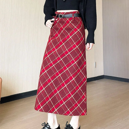Plaid Woolen Skirts Women New Fashion 2026 Autumn Winter High Waisted Straight Midi Skirts Woman Preppy Style Retro Long Skirt