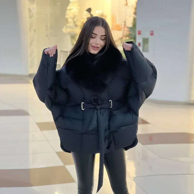 Thichen Winter Padded Coat Women Faux Fur Collar Belted Waist Tie Loose Oversized Quilted Jacket Warm Outerwear Daily Streetwear