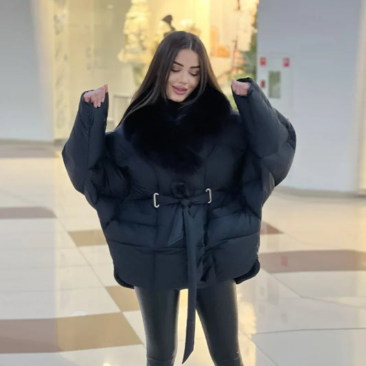 Thichen Winter Padded Coat Women Faux Fur Collar Belted Waist Tie Loose Oversized Quilted Jacket Warm Outerwear Daily Streetwear