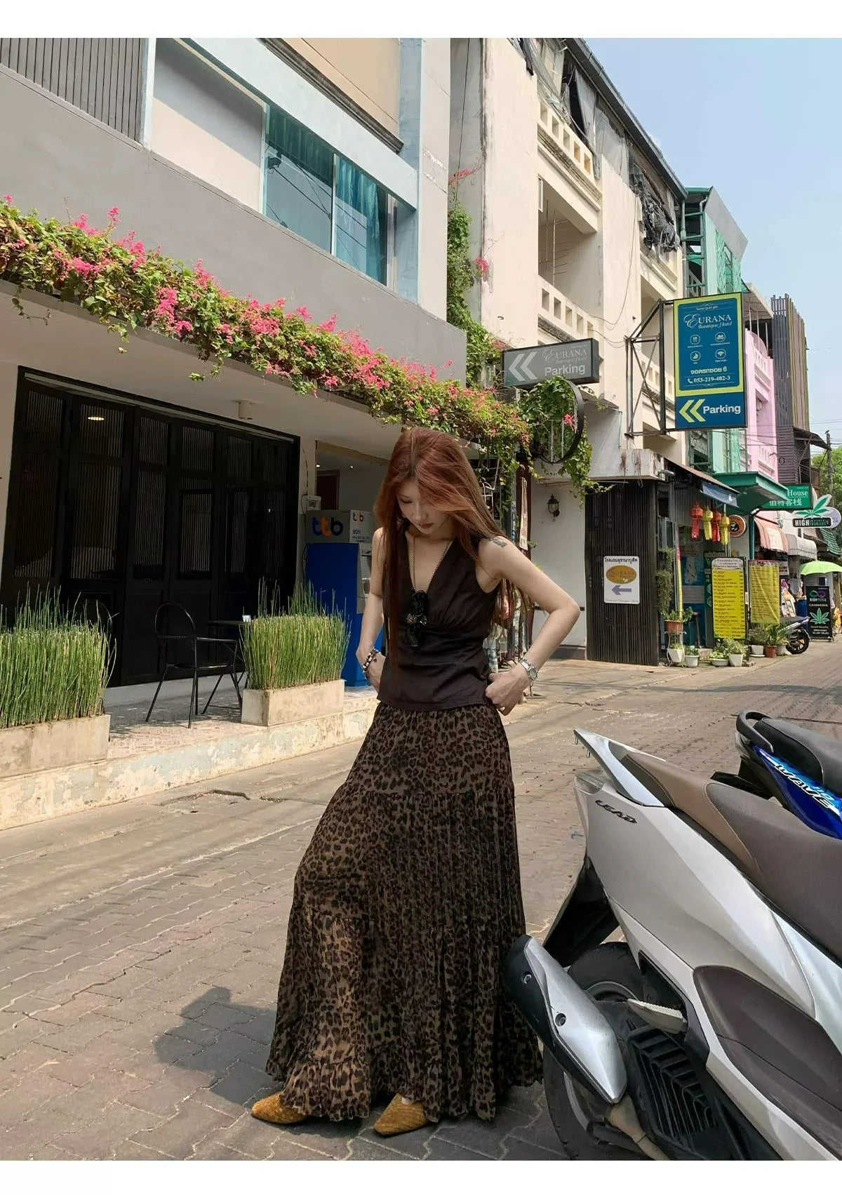 【FANGTING】Women's Leopard Print Skirt Summer Elastic Waist Chiffon High Waist Vintage Midi Skirt