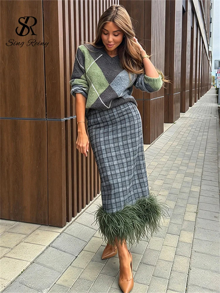 SINGREINY Retro Wool Plaid Straight Skirts Feather Hem Splice Slim Designer-Inspired Autumn Winter Classy Thick Women Long Skirt