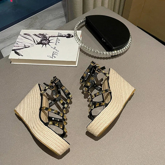 Rivet Wedges Women Sandals Open Toe Ankle Buckle Strap Ladies Platform Wedges Sandals High Heels Roman Rattan Grass Woven Shoes