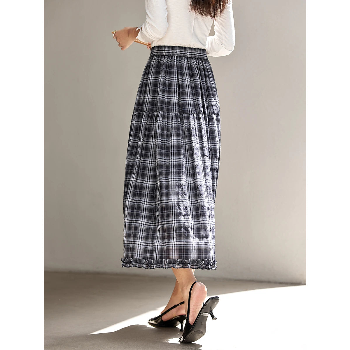 VIMLY Women's Vintage Plaid Skirt 2026 Autumn Casual Vintage Skirts Design Midi Skirt Commute Ruffle A-line Female Skirt A2980
