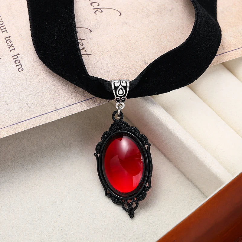 Gothic Witch Pagan Blood Red Pendant Chocker Necklace Women Vintage Black Velvet Necklace Personalised Jewellery Accessories