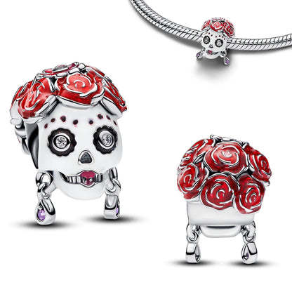 925 Sterling Silver Floral Necklaces Stud Earrings Charms Four‑Leaf Clover Sugar Skull Tiger Ghost Beads Fit Bracelet Jewelry