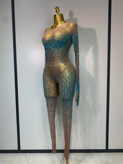 Luxury Rhinestones Bodycon Jumpsuit Sexy Women Mesh See Through Birthday Gown Women Bar Nightclub Dancer Stage Outfit