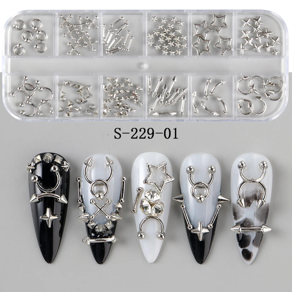 12 Grids Punk Silvery Golden Rivets Style Nail Charms Y2K Metal Golden Pierced Rivets Solid Nail Art Decoration Nail Accessories