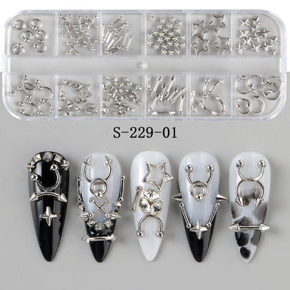 12 Grids Punk Silvery Golden Rivets Style Nail Charms Y2K Metal Golden Pierced Rivets Solid Nail Art Decoration Nail Accessories