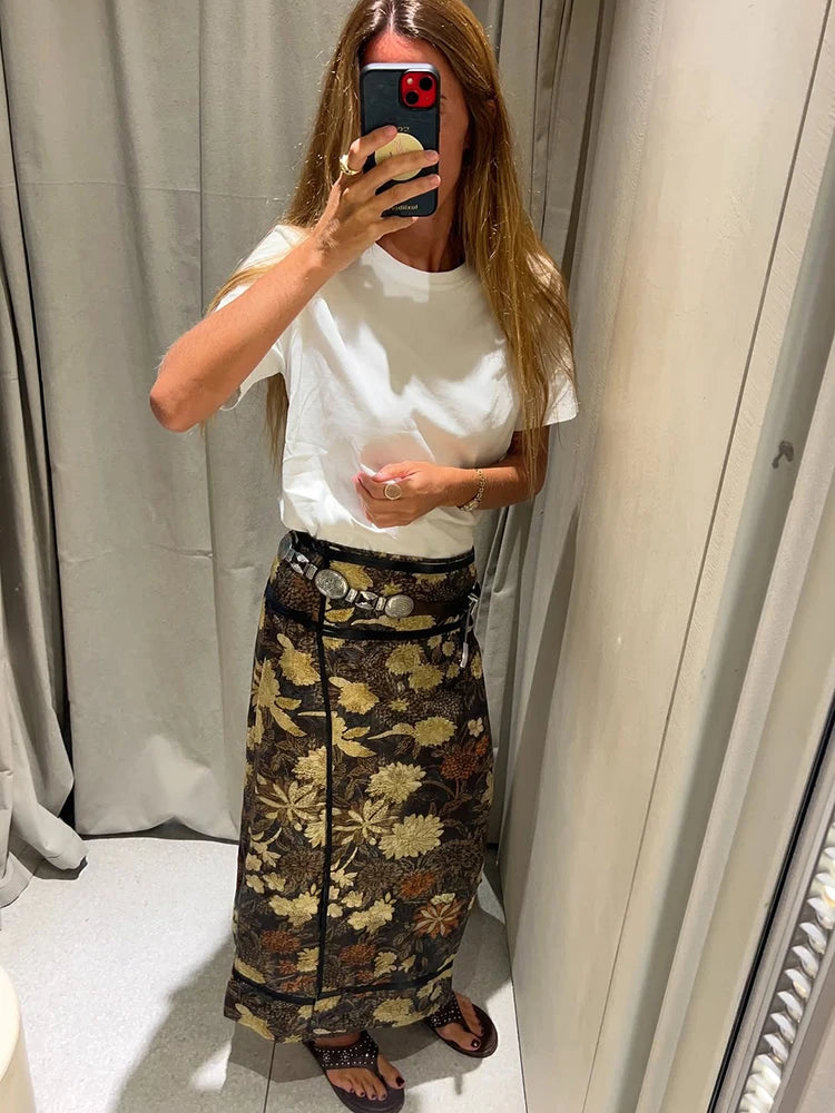 Retro Floral Print Midi Skirt For Women High Waist Wrap Side Button Straight A‑Line Casual Long Skirt Autumn Daily Bottoms 2026
