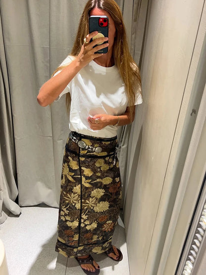 Retro Floral Print Midi Skirt For Women High Waist Wrap Side Button Straight A‑Line Casual Long Skirt Autumn Daily Bottoms 2026