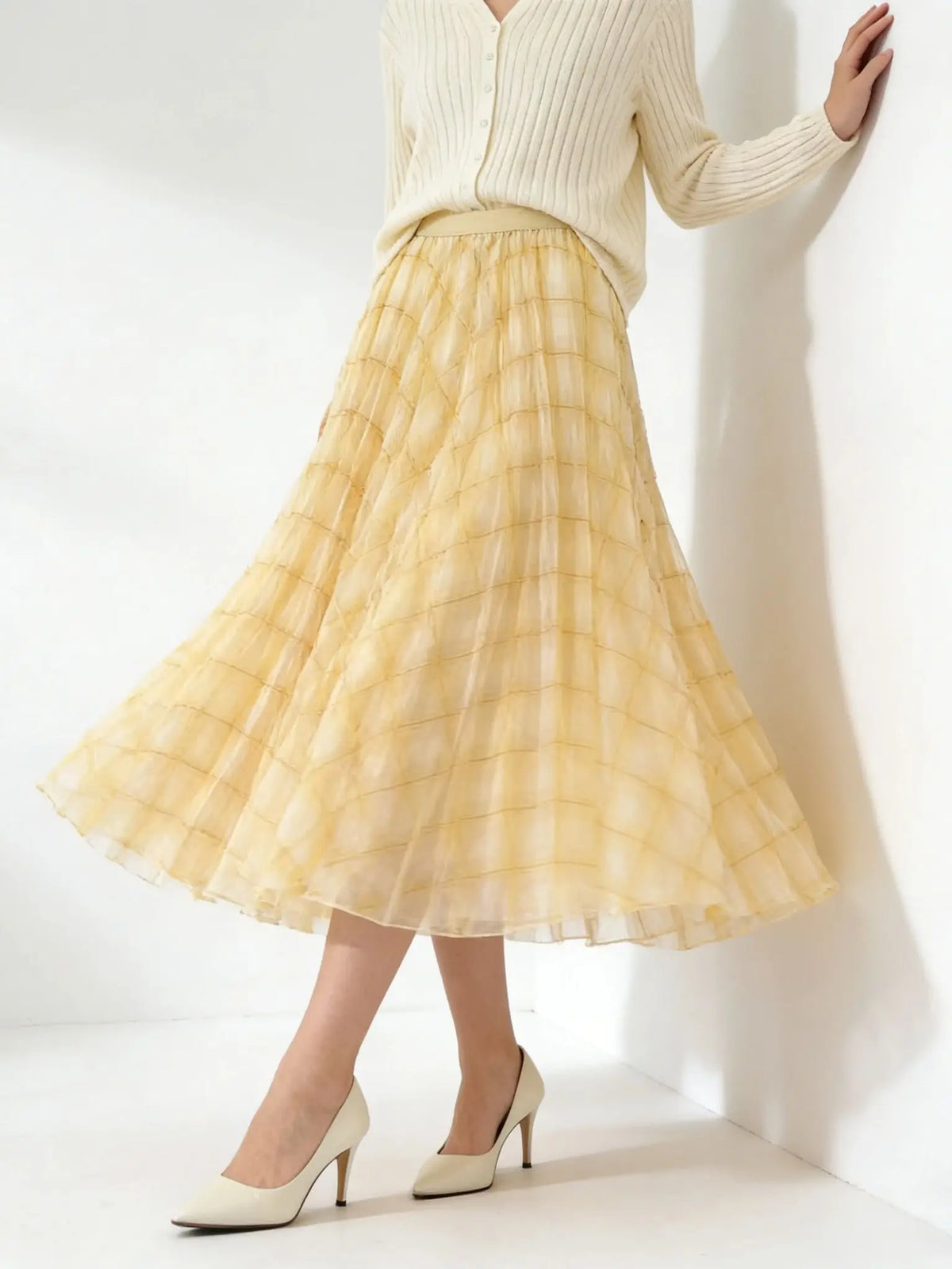 Retro Plaid Print Tulle Maxi Skirt for Women, Spring Summer High Waist Slim A-Line Pleated Midi Skirt, Flowy Ball Gown Style