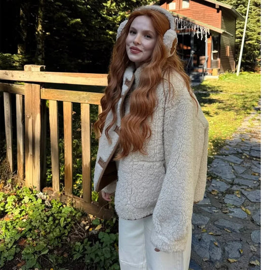 MUJER Women's Teddy Jacket Double Faced Hairy Coat Woman Faux Suede Plush Jacket Women Outerwears Loose Warm Winter Woman Coat