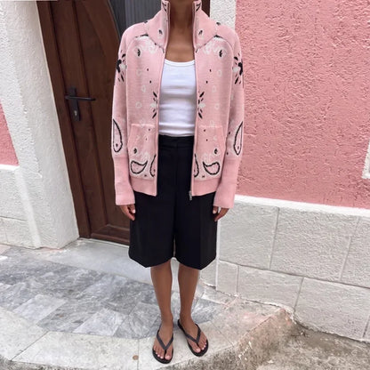 Casual Women's Jacquard Knit Cardigan Loose Stand Collar Zipper Long Sleeve Pockets Sweater 2026 Autumn Lady Vintage Sweaters