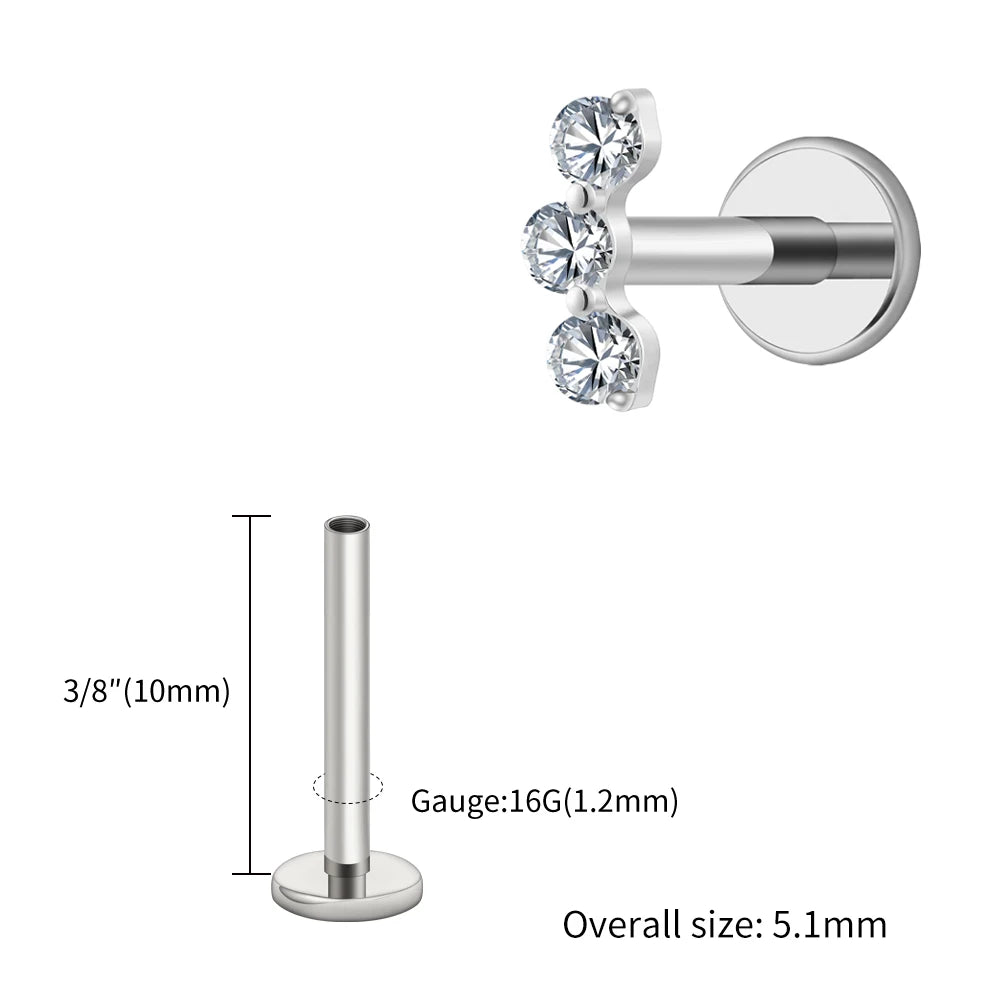 Right Grand ASTM F136 Titanium Triple CZ Helix Tragus Flat Back Earring 16G Dainty Ear Climber Cartilage Stud Piercing Jewelry