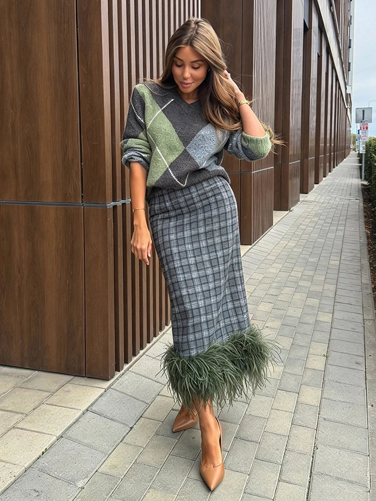 Women Vintage Plaid Feather Tassel Hem Splice Midi Skirt Chic High Waist Straight Skirt Trendy Daily Street Party Outfit New