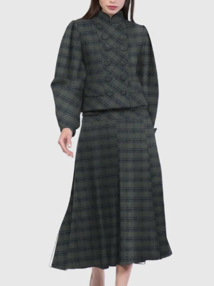 Women Vintage Plaid Office Party 2 Piece Sets Stand Collar Double Breasted Bubble Sleeves Jacket & High Waisted Midi Skirt Suits