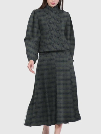 Women Vintage Plaid Office Party 2 Piece Sets Stand Collar Double Breasted Bubble Sleeves Jacket & High Waisted Midi Skirt Suits
