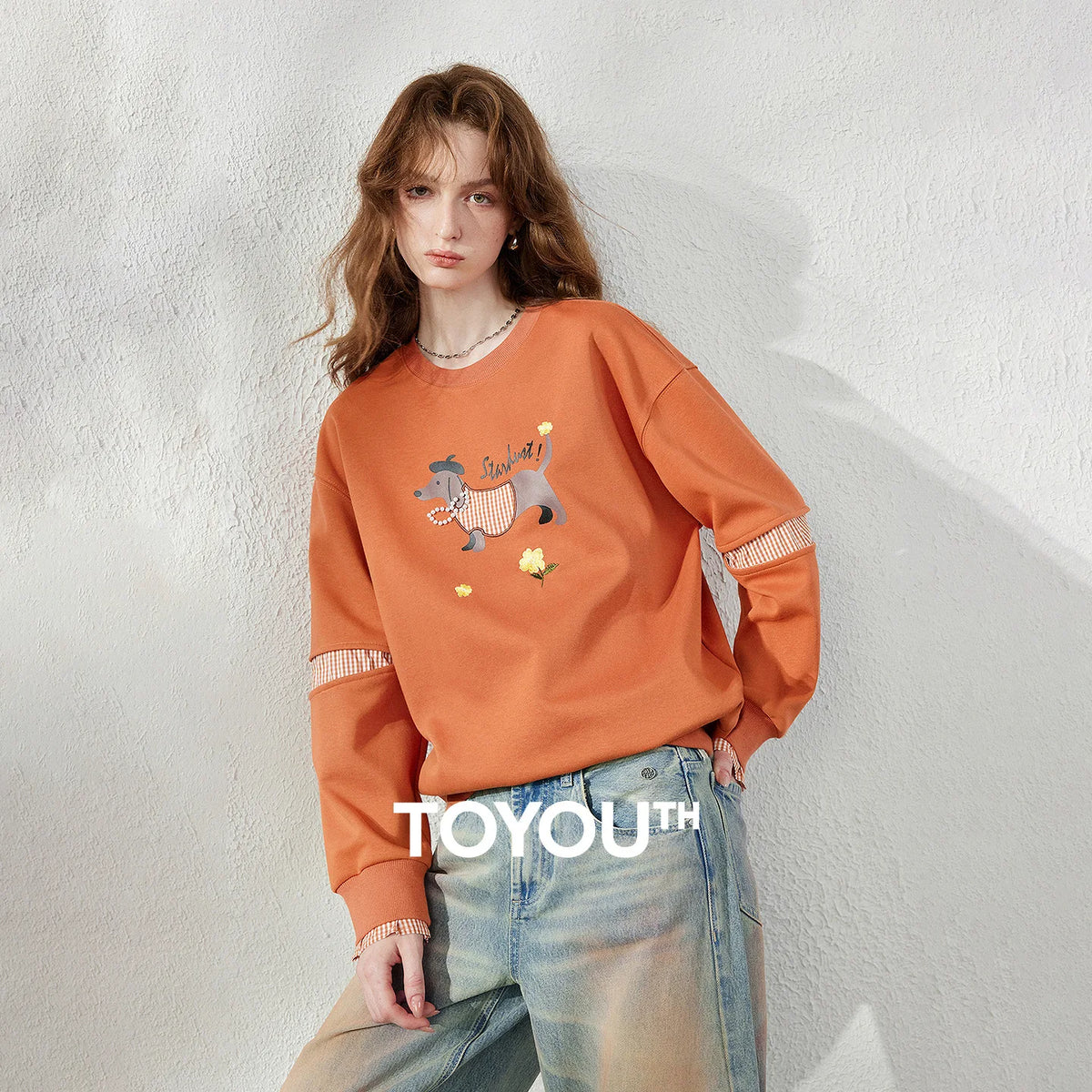 TOYOUTH Women's Sweatshirt 2026 Autumn New Loose Deconstructed Faux Two-Piece Plaid Dachshund Print Vintage Pullover Top