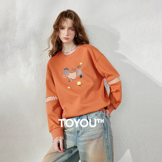 TOYOUTH Women's Sweatshirt 2026 Autumn New Loose Deconstructed Faux Two-Piece Plaid Dachshund Print Vintage Pullover Top