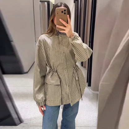 Plaid Women's Outerwear Lapel Double Breasted Trench Coat Belted Raglan Sleeve Jacket French Vintage Style Daily Fashion Wear
