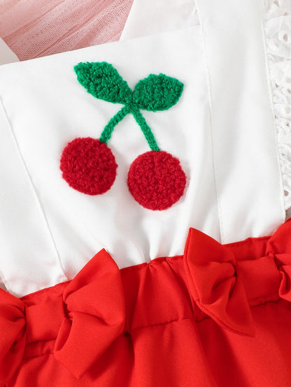 0-18M Baby Girl Bodysuit Set Summer 2PCS Cherry Outfit Lace Ruffle Sling Romper+Red Bow Headband Newborn Infant Clothing Outfits